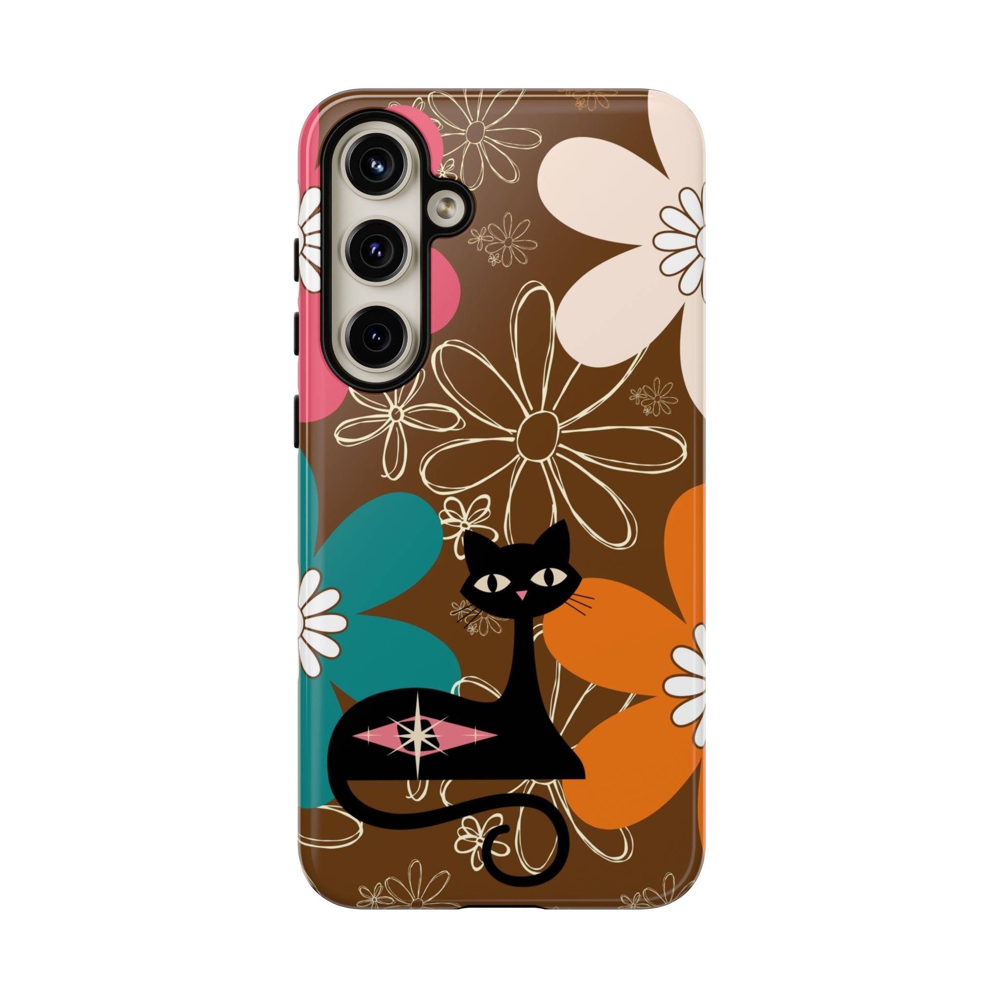 Atomic Cat Retro 70s Vibe Flower Power Tough Cases: Cute Floral and Cat Phone Case for Cat Lovers - Mid Century Modern Gal