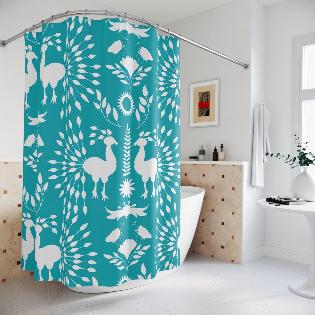 Scandinavian Teal Blue Chinoiserie Peacock Retro Mid Modern Shower Curtain - Mid Century Modern Gal