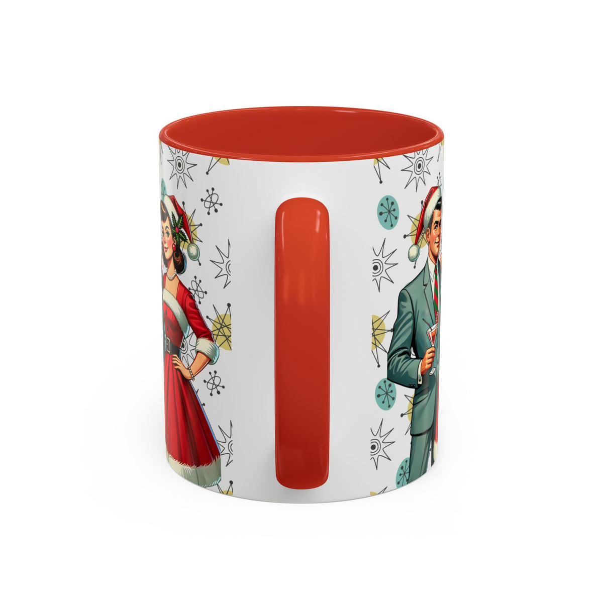 Mid Century Modern 50s Christmas mug featuring Franciscan Starburst pattern with retro holiday figures and vibrant colors.