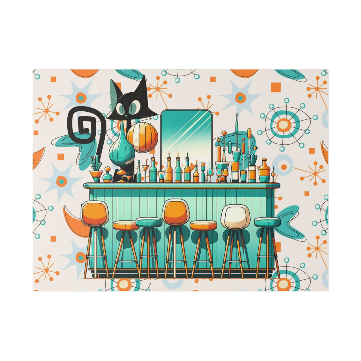 Atomic Cat, Mid Century Modern Kitschy Bar, Orange, Teal Mid Century Modern Wall Art - Mid Century Modern Gal