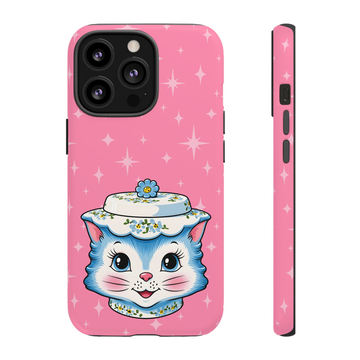 Mid Century Modern Kitschy Anthropomorphic Blue Cat with Floral Hat Tough Phone Case