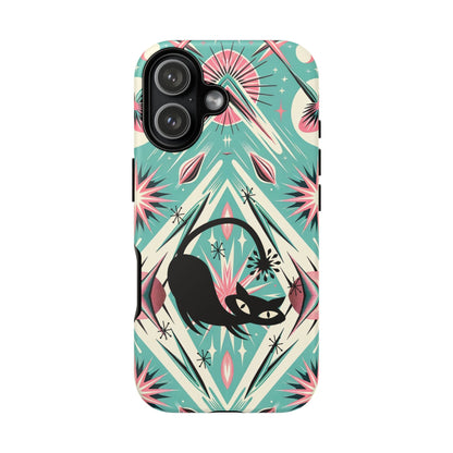Atomic Cat, Mid Century Modern Aqua Blue, Pink, Starbursts Tough Phone Case