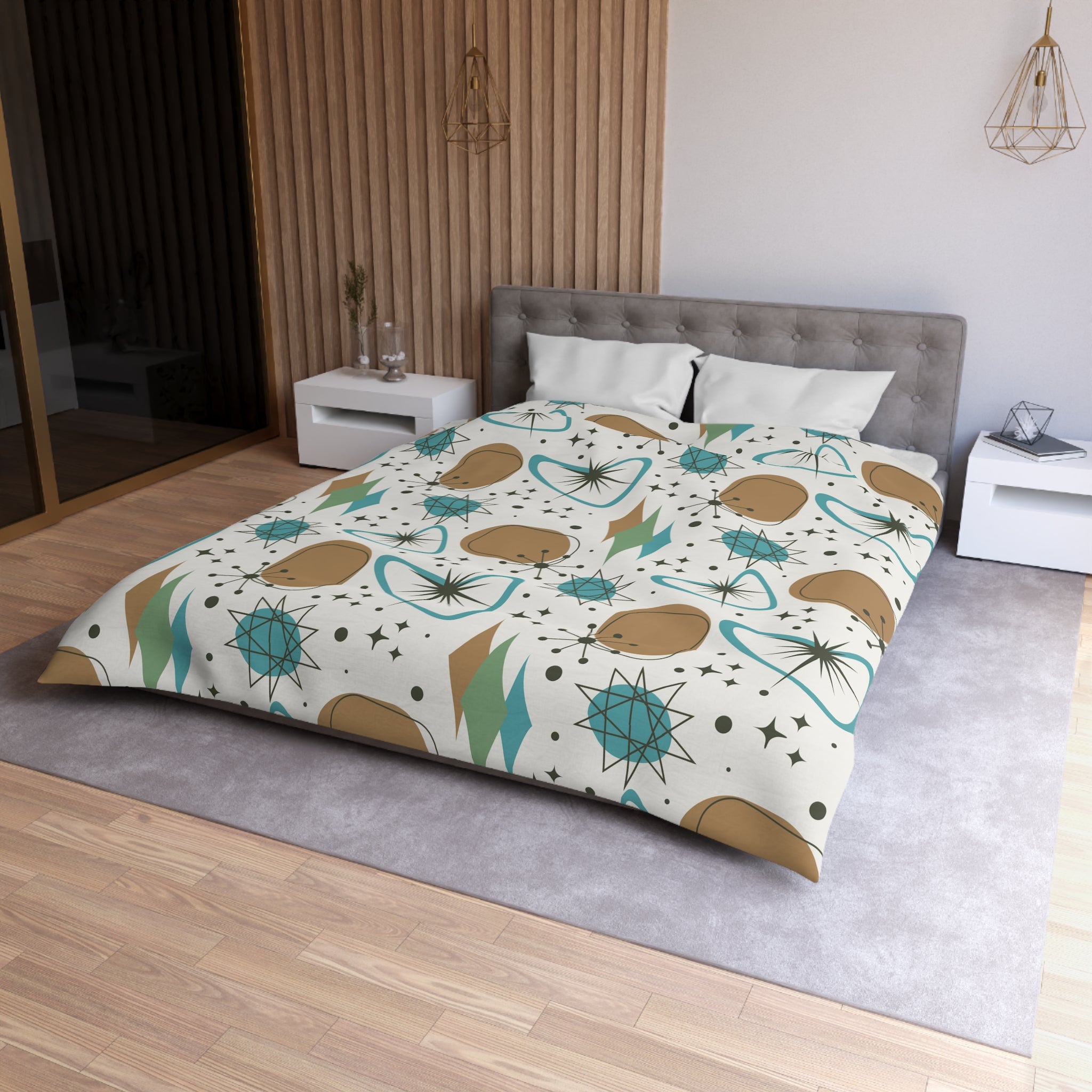 Mid Century Modern Franciscan Starburst Camel Brown, Beige Teal Starburst Retro-Modern  Duvet Cover - Mid Century Modern Gal