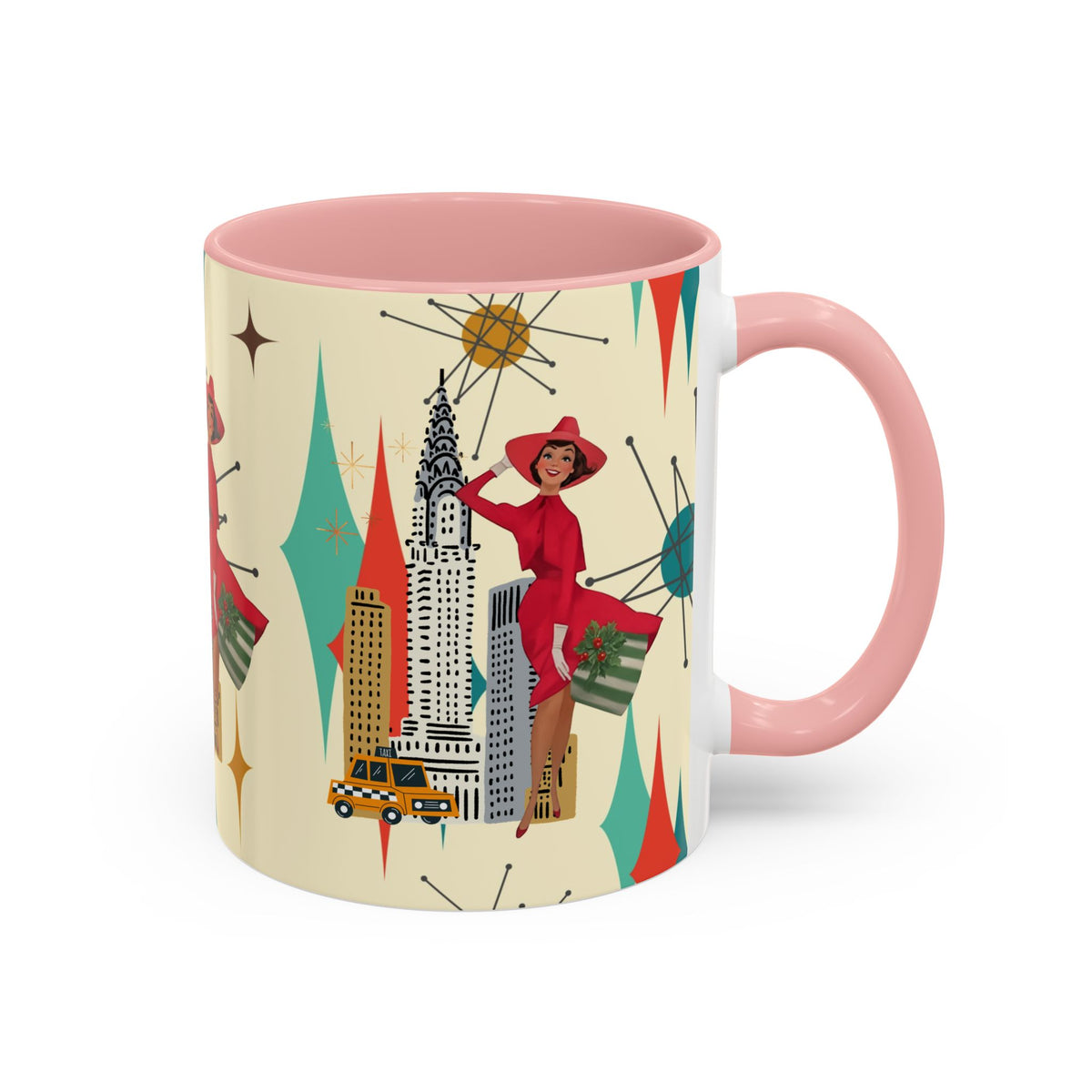 Mid Century Modern Kitschy Christmas Gal, Franciscan Starburst Diamond Retro Chic Accent Coffee Mug - Vintage Cityscape Design - Mid Century Modern Gal