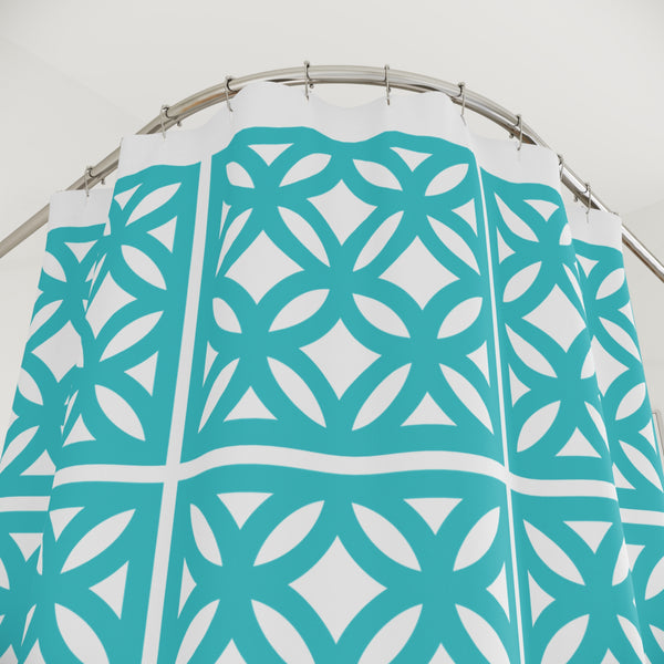 Mid Century Modern 50s Breezeblock Modern Geometric Shower Curtains, Aqua Blue Bath Decor