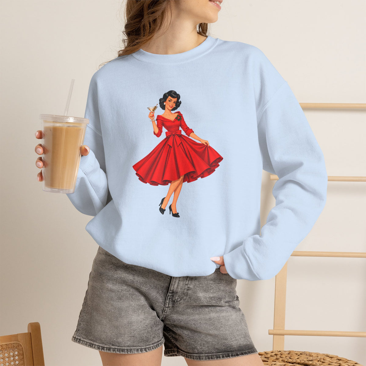 Mid Century Modern Christmas Martini Gal Unisex Heavy Blend™ Crewneck Sweatshirt - Mid Century Modern Gal