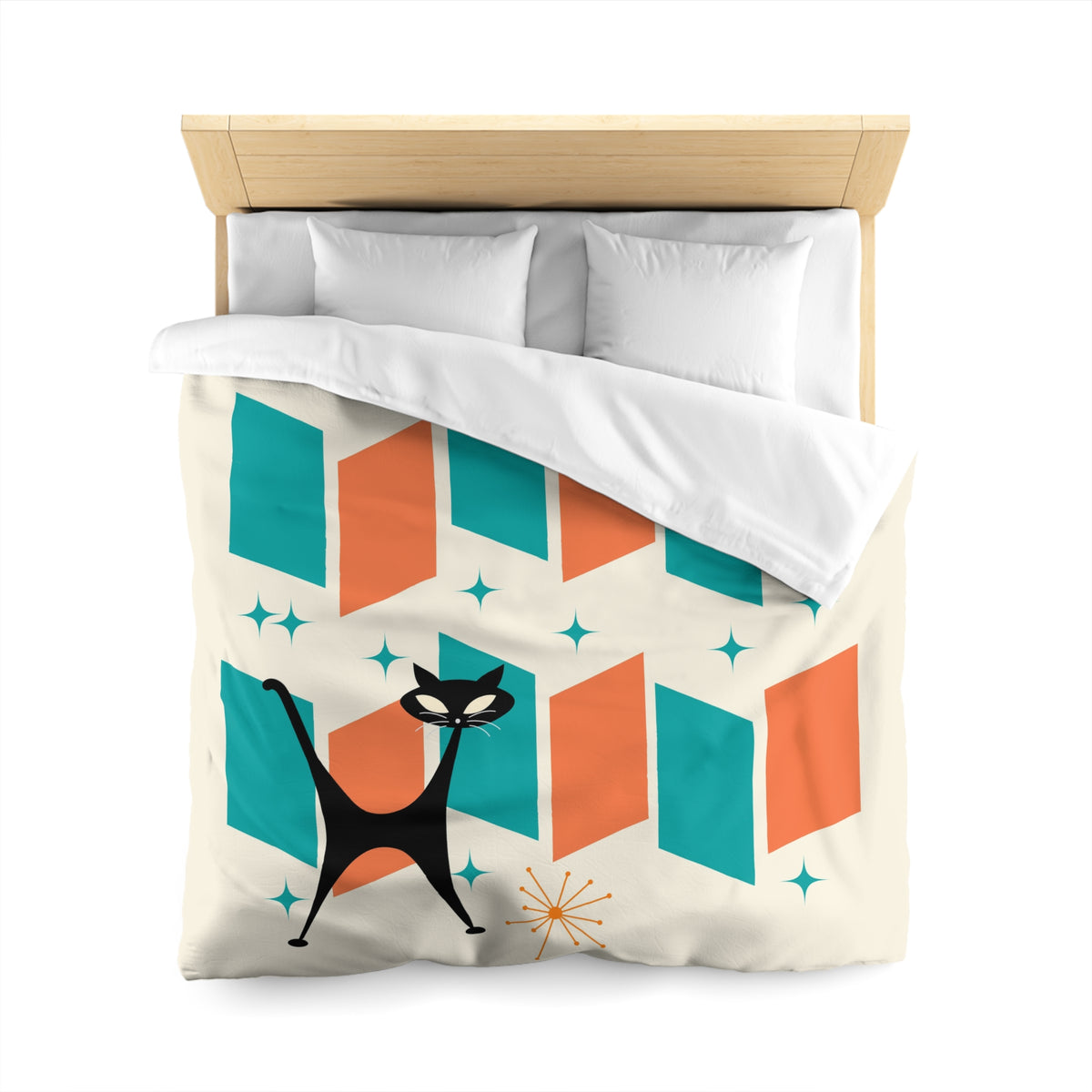Mid Century Modern Orange, Teal, Retro Mod Duvet Cover With Atomic Cat Design - Mid Century Modern Gal