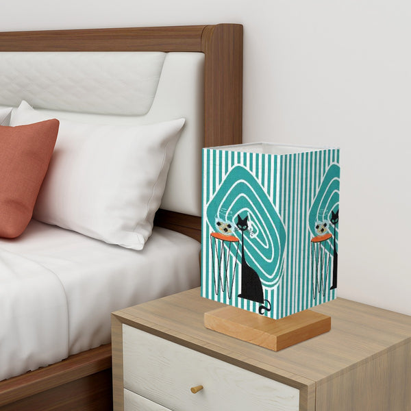 Atomic Cat Kitschy Mod Fish Bowl Aqua Striped Retro MCM Square Table Lamp
