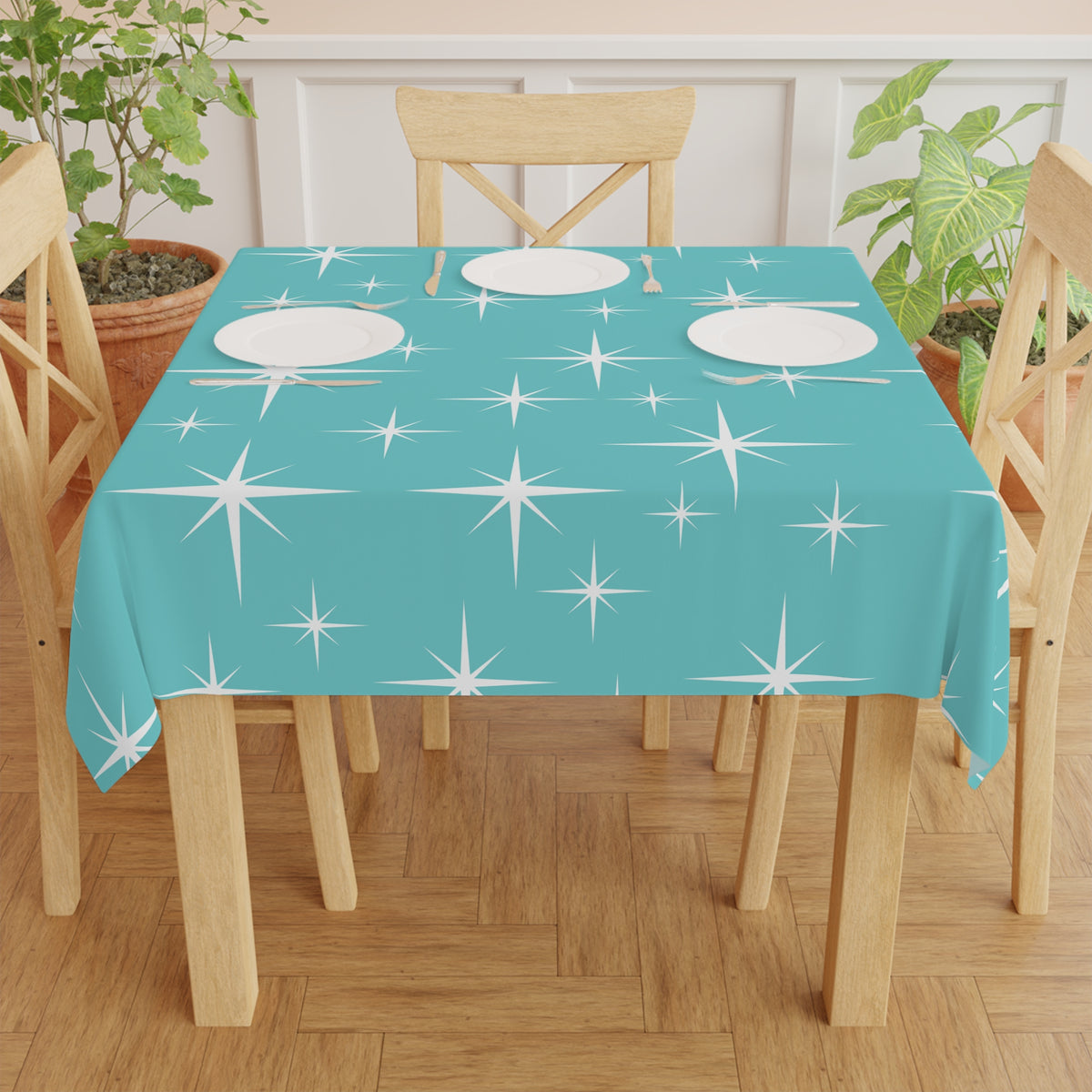 Atomic Starburst Aqua Blue Mid Century Modern Tablecloth - Mid Century Modern Gal