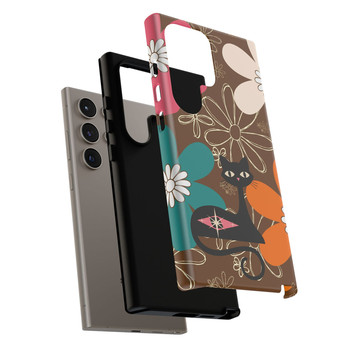 Atomic Cat Retro 70s Vibe Flower Power Tough Cases: Cute Floral and Cat Phone Case for Cat Lovers