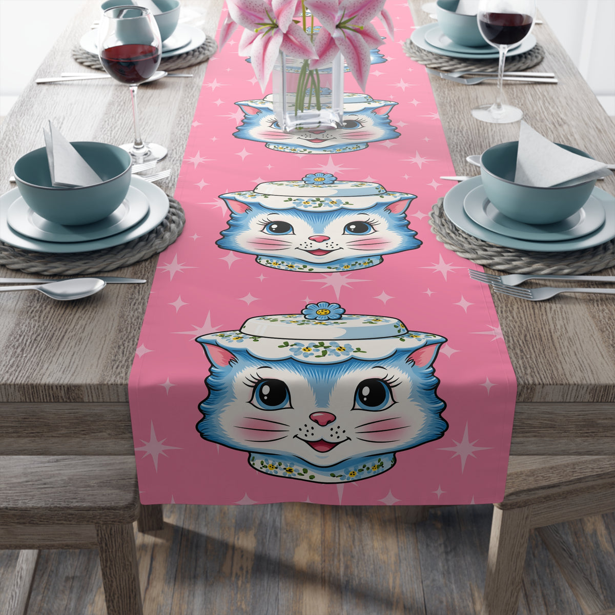 Mid Century Modern Kitschy Anthropomorphic Blue Cat with Floral Hat Table Runner - Mid Century Modern Gal