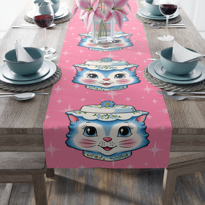 Mid Century Modern Kitschy Anthropomorphic Blue Cat with Floral Hat Table Runner - Mid Century Modern Gal