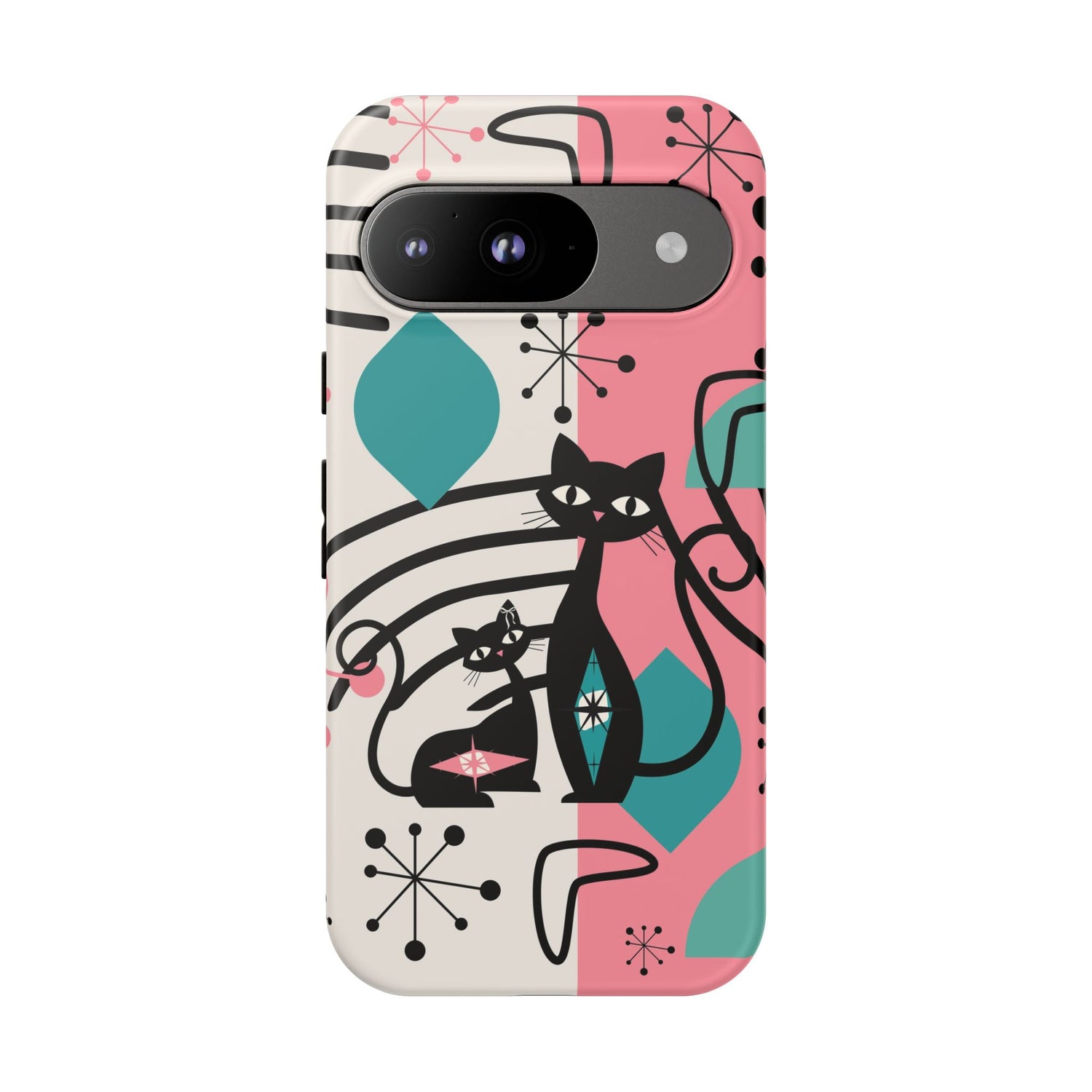Mid Mod Atomic Cat Boomerang Starburst, Pink, Black Kitschy Stylish Cat Phone Case: Modern Design for Cat Lovers
