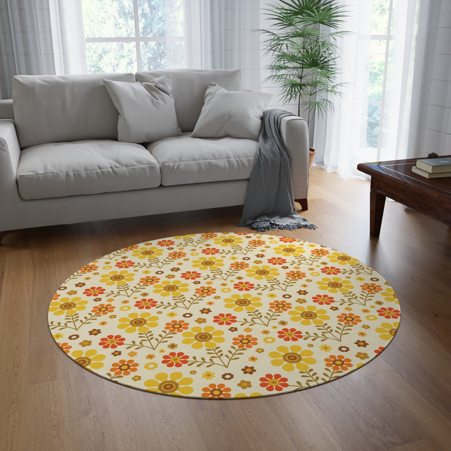 70s Mod Daisy Retro Floral Orange, Golden Yellow Green Round Area Rug