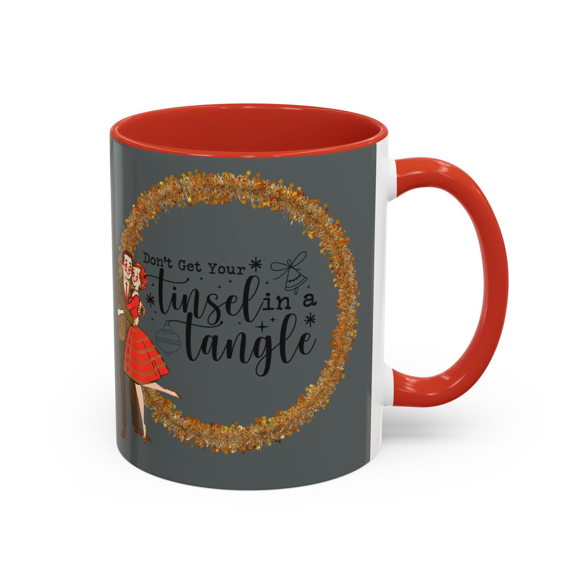 Vintage 50s kitschy Christmas mug featuring a playful design with the phrase "Don't Get Your Tinsel In A Tangle" and festive graphics.