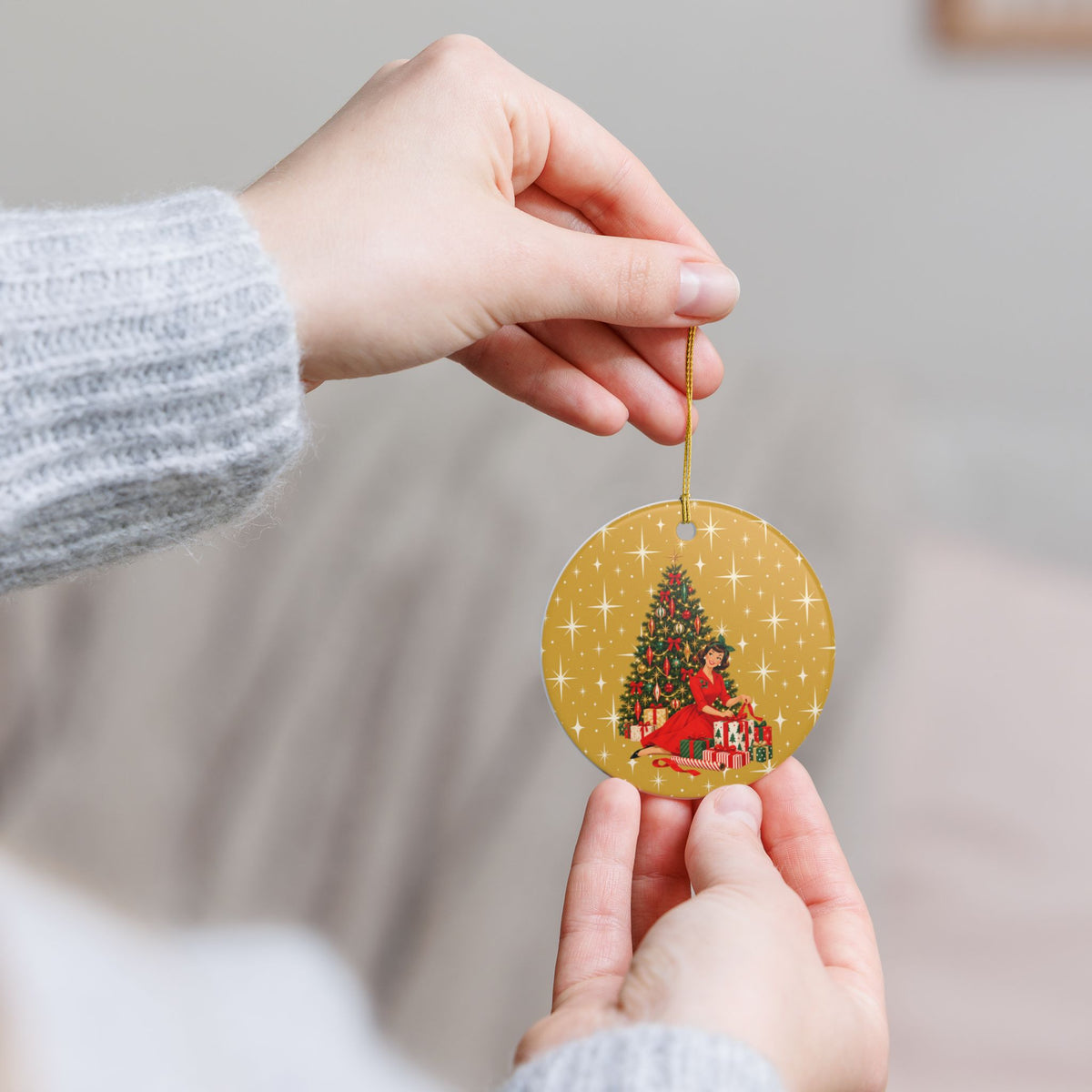 Mid Century Modern Christmas Glamour Gal Wrapping Presents by Tree, Gold Atomic Starbursts Ceramic Christmas Tree Ornament