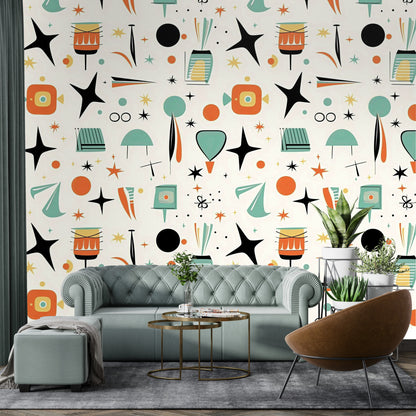 Mid Century Modern Wallpaper Wall Murals, Peel And Stick Starbursts Retro Designs - Mid Century Modern Gal