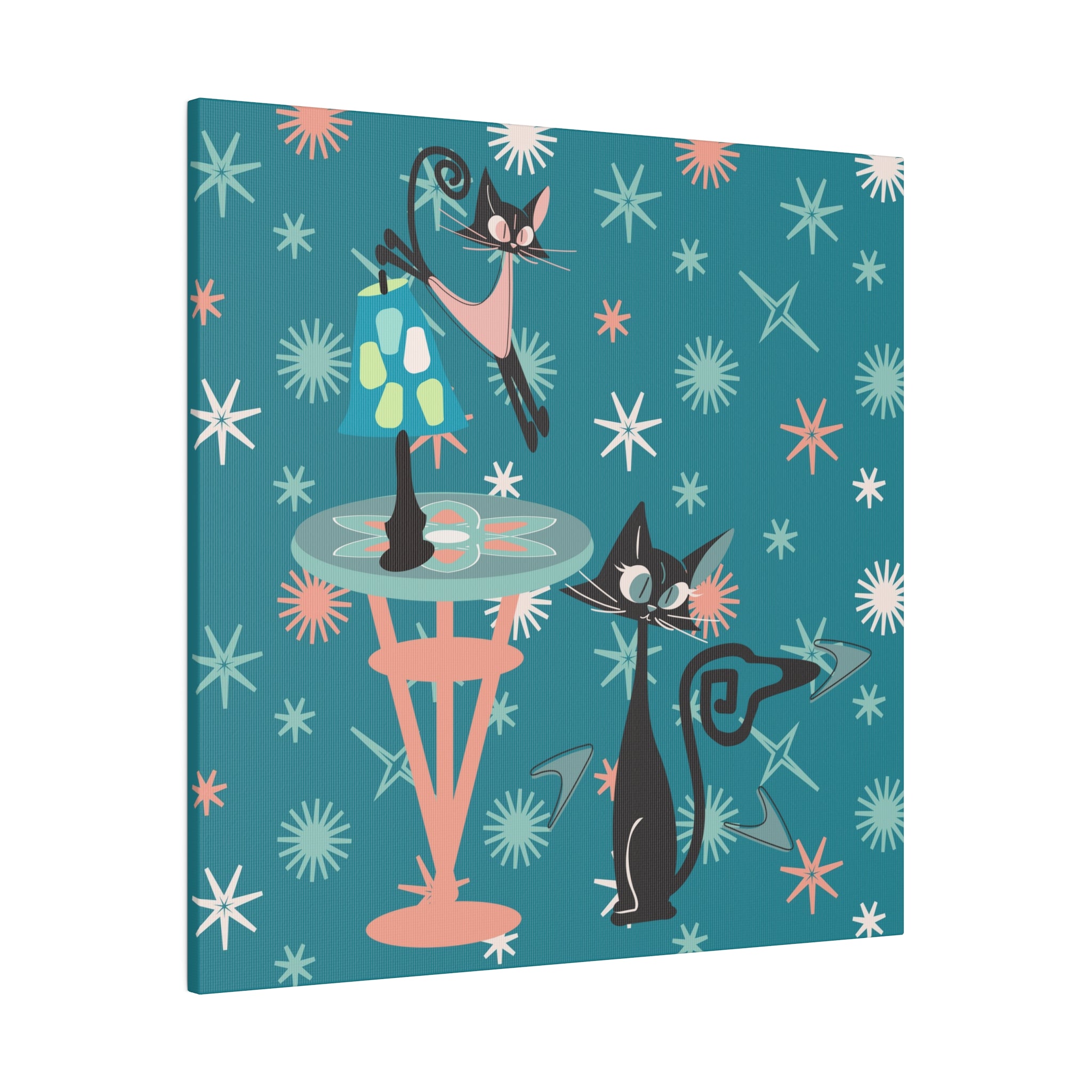 Crazy Atomic Cats, Cat Mom, Kitschy Mid Century Modern Teal Blue, Coral Pink, Mid Century Modern Wall Art