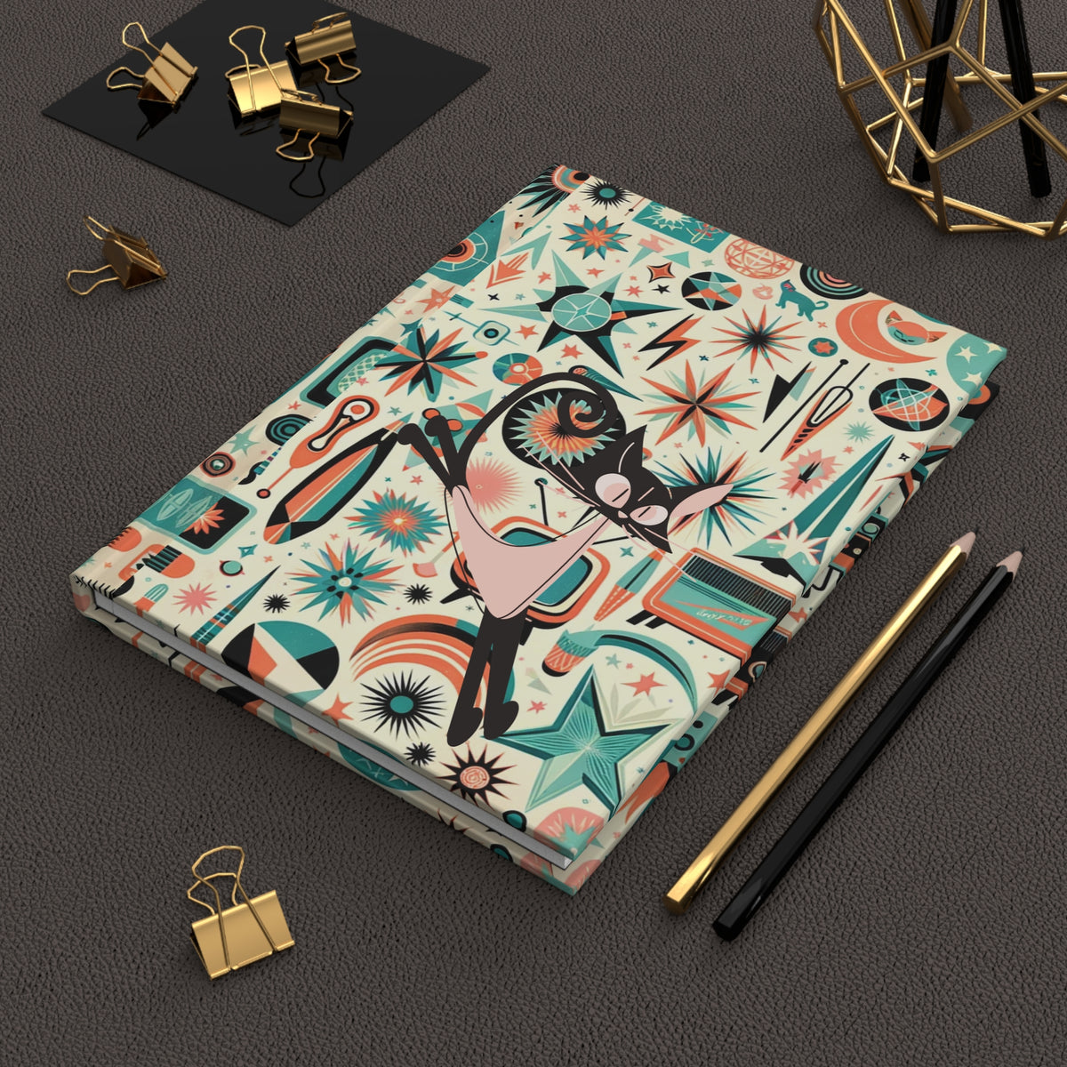 Atomic Cat Desk Journal, Notebook, Mid Century Modern Atomic 50s Design Hardcover Journal - Mid Century Modern Gal