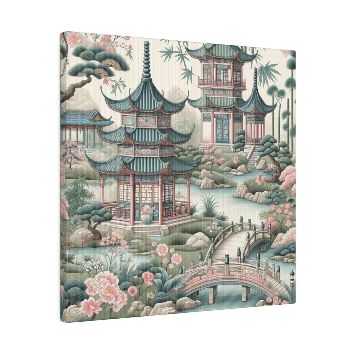 Chinoiserie Wall Art, Pagodas, Rivers, Pastel Southern Elegance Wall Art Matte Canvas - Mid Century Modern Gal