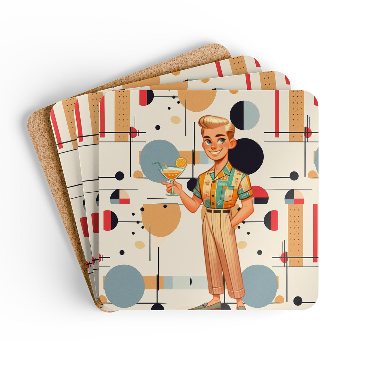 Mid Century Modern Dude, Bauhaus Designed Mod Corkwood Coaster Set - Mid Century Modern Gal