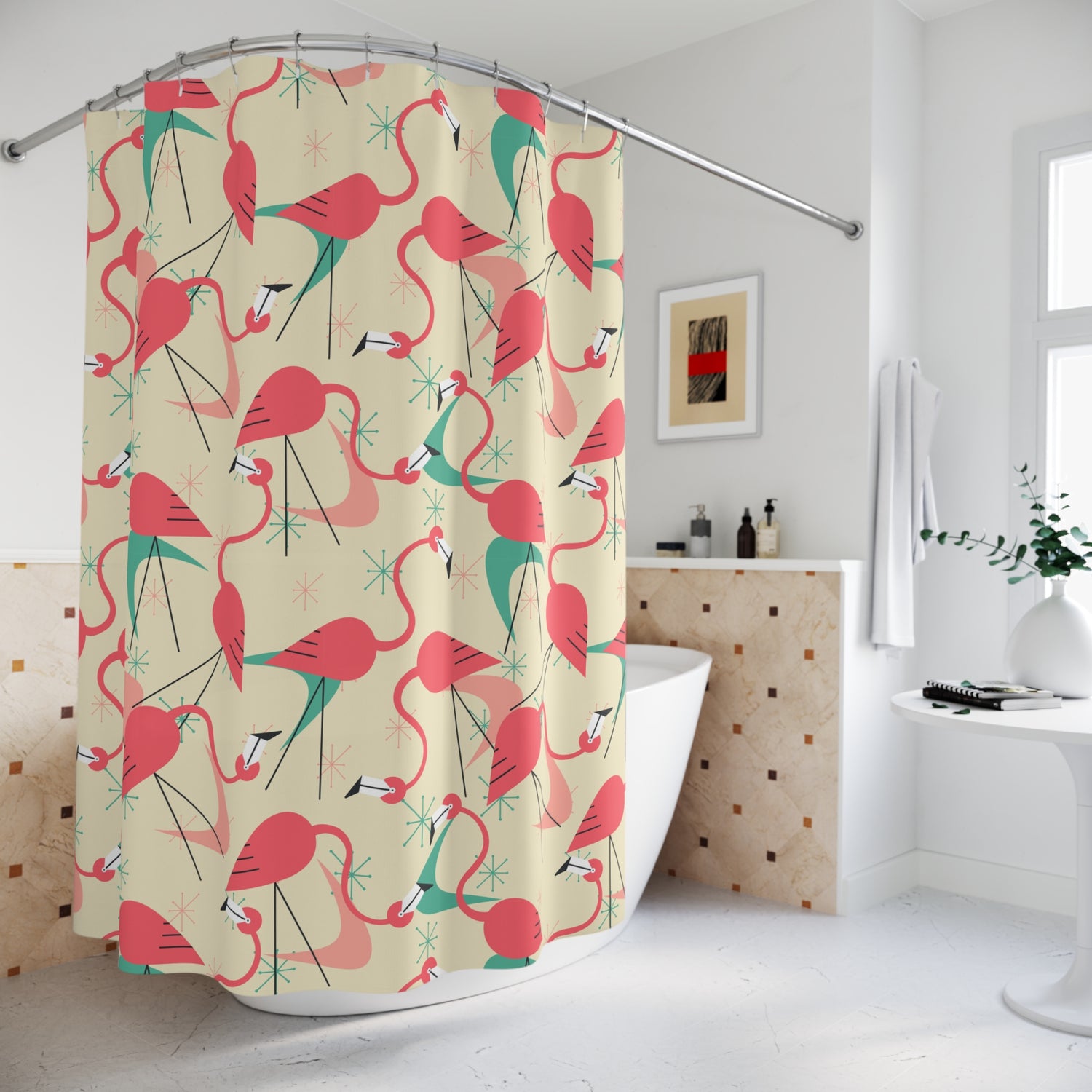 Palm Springs California Kitschy Mod Tropical Flamingo Shower Curtain Retro Summer Vibes - Mid Century Modern Gal