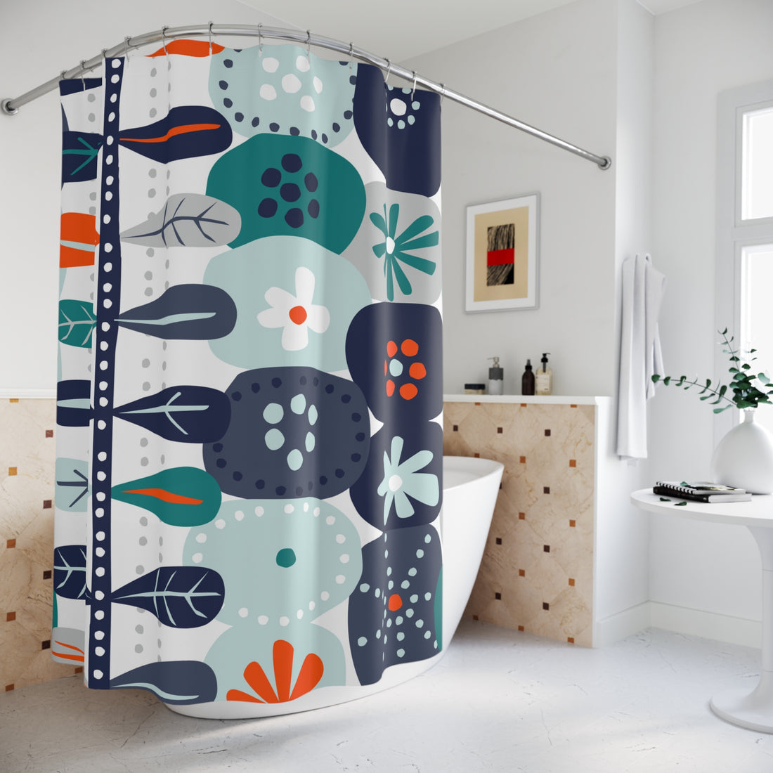 Scandinavian Modern Floral Nordic Hygge Shower Curtain - Colorful Botanical Design for Stylish Bathrooms - Mid Century Modern Gal