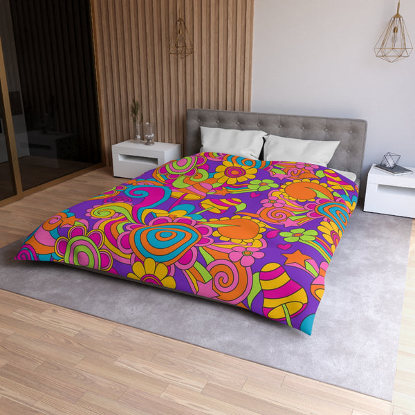 60s 70s Groovy Retro Purple, Pink Orange, Mushroom, Hippie Style Microfiber Duvet Cover