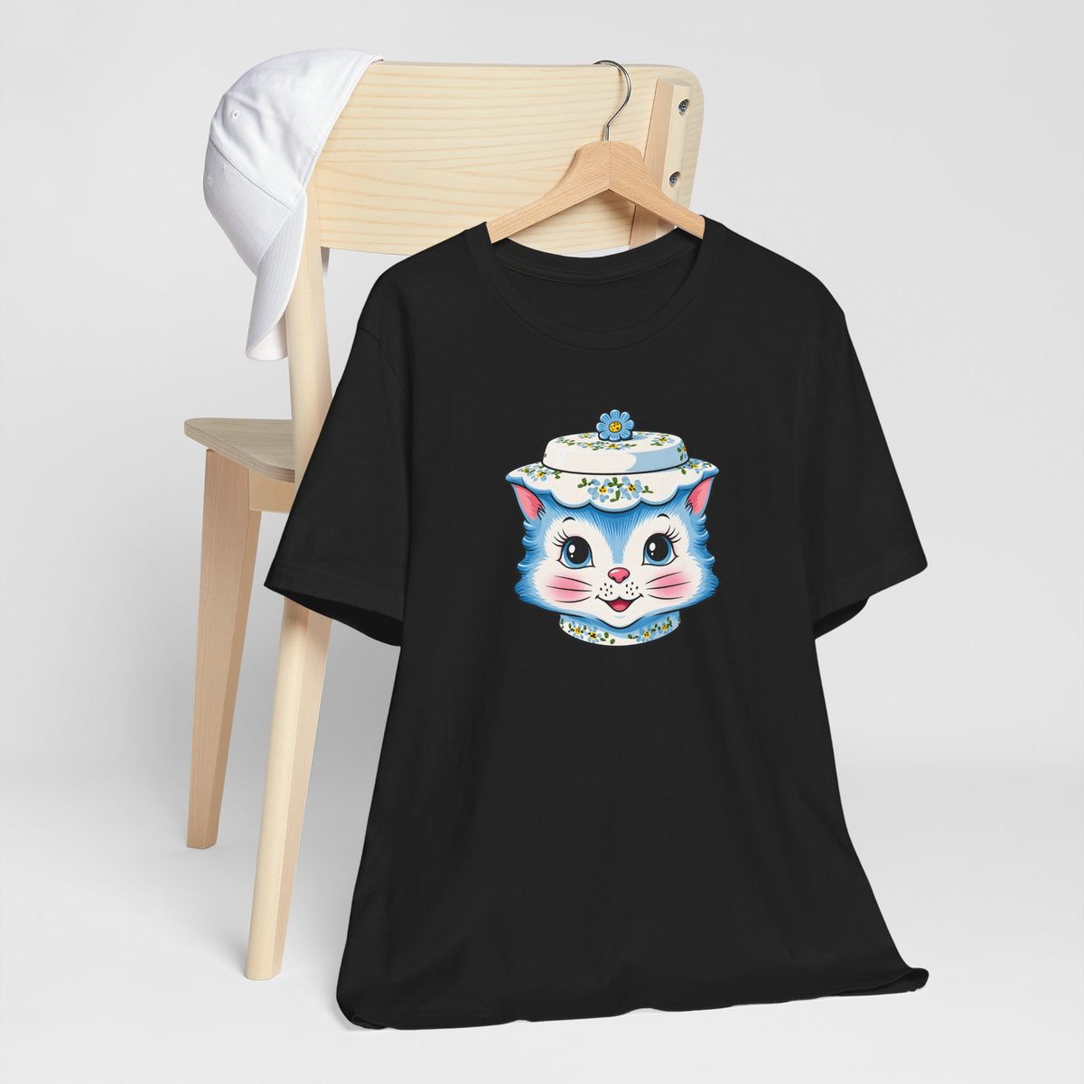 Mid Century Modern Kitschy Anthropomorphic Blue Cat with Floral Hat Unisex T-Shirt