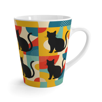 Pop Art Black Atomic Cat, Red Blue Yellow, Latte Mug - Mid Century Modern Gal