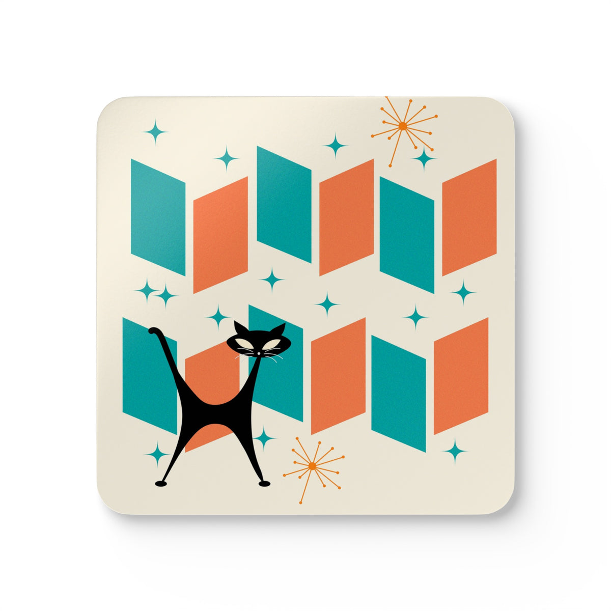 Atomic Cat Coaster Set, Orange, Teal, Retro Mod Corkwood Coaster Set - Mid Century Modern Gal