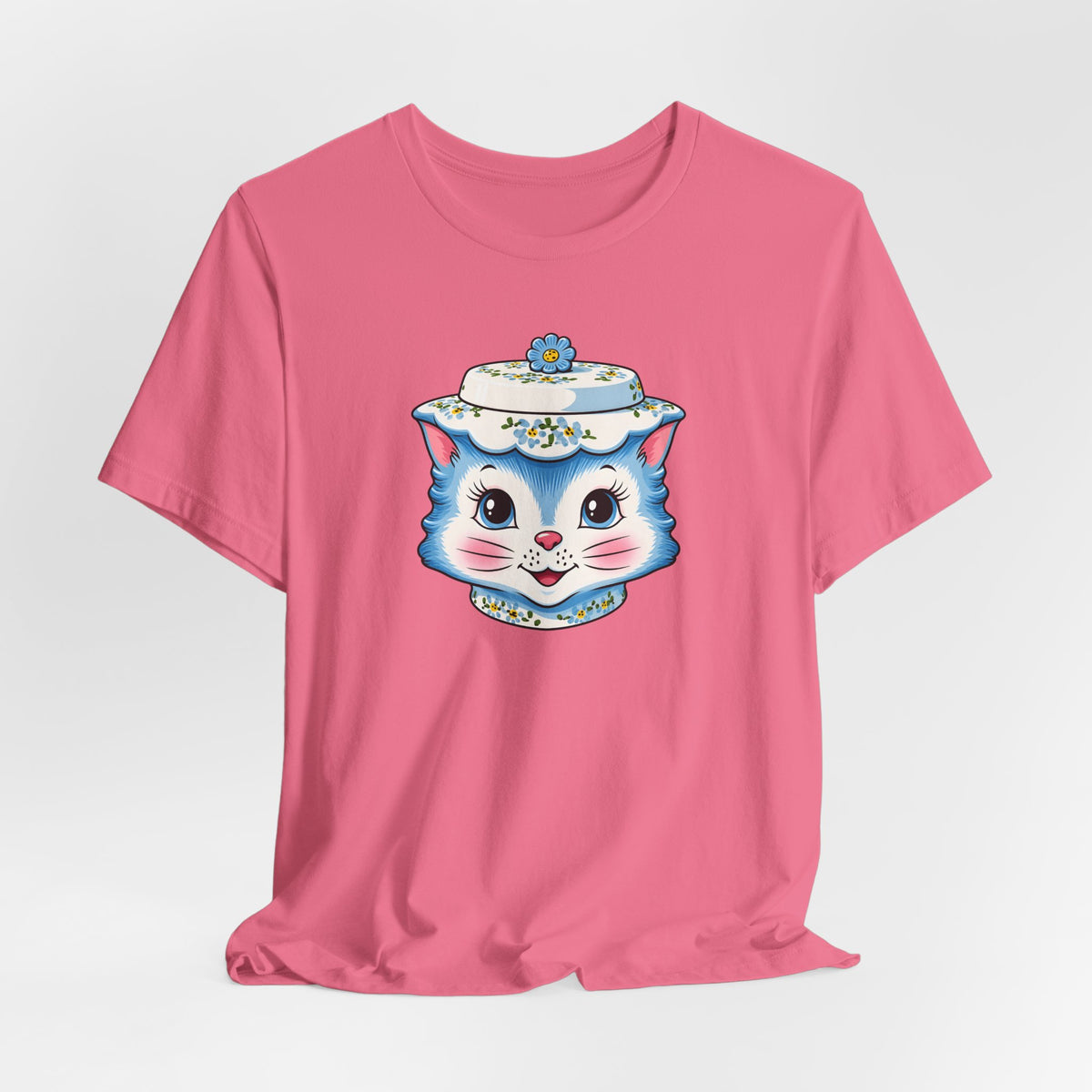 Mid Century Modern Kitschy Anthropomorphic Blue Cat with Floral Hat Unisex T-Shirt