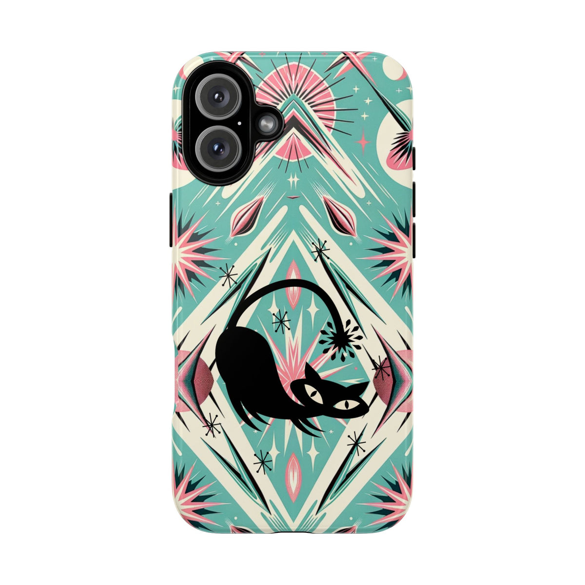 Atomic Cat, Mid Century Modern Aqua Blue, Pink, Starbursts Tough Phone Case