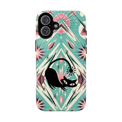Atomic Cat, Mid Century Modern Aqua Blue, Pink, Starbursts Tough Phone Case