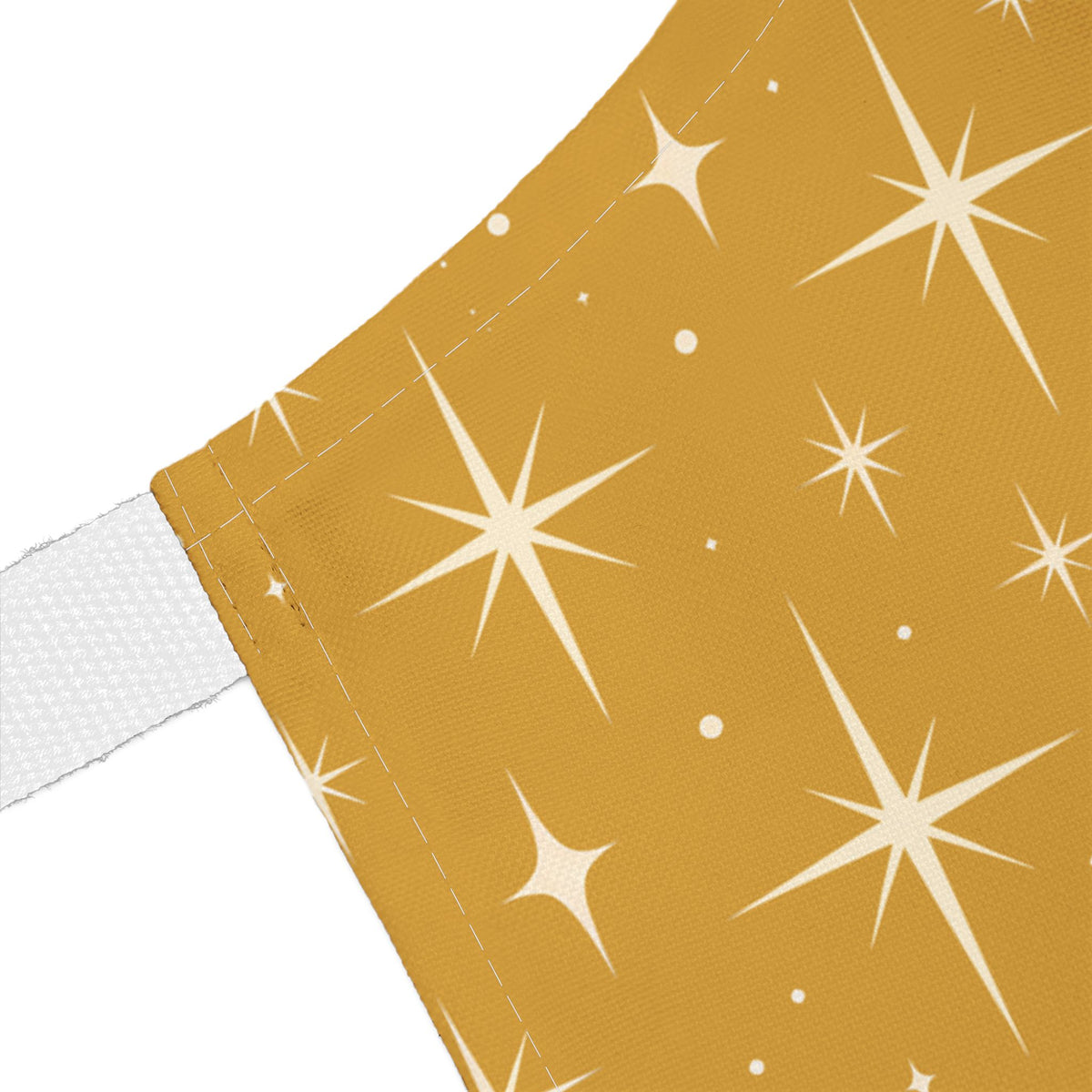 Mid Century Modern Christmas Glamour Gal Wrapping Presents by Tree, Gold Atomic Starbursts Apron