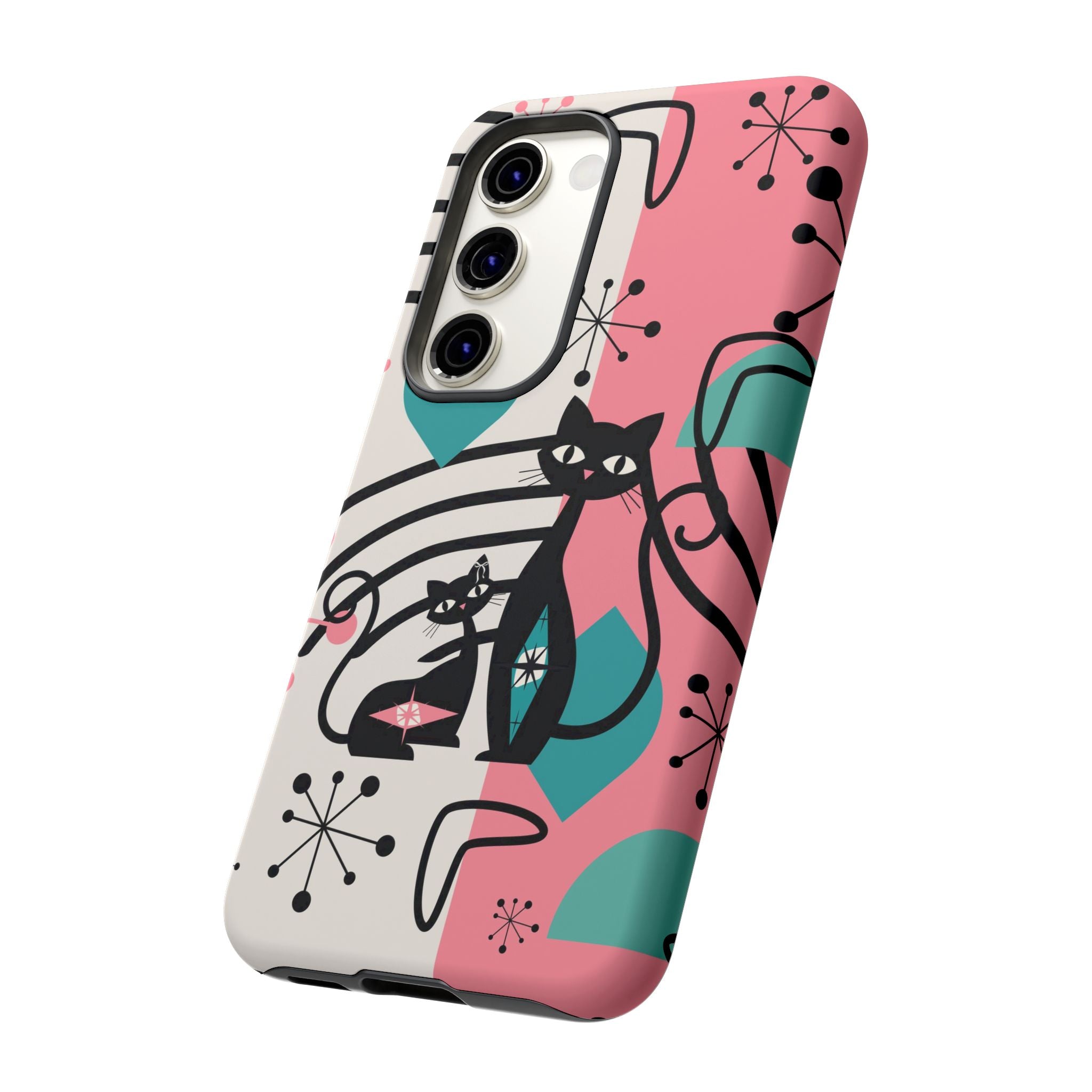 Mid Mod Atomic Cat Boomerang Starburst, Pink, Black Kitschy Stylish Cat Phone Case: Modern Design for Cat Lovers