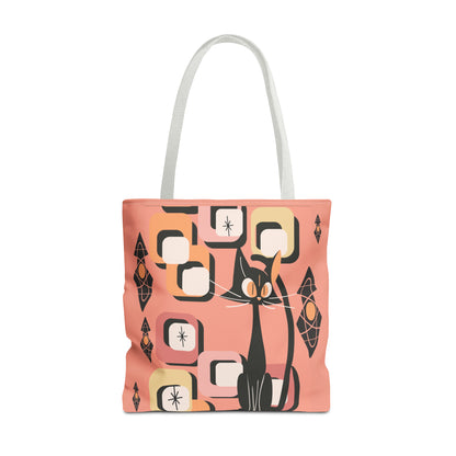 Atomic Cat Tote Bag, Coral Color, Mid Century Modern Geometric Designs, Mid Mod Retro Apparel