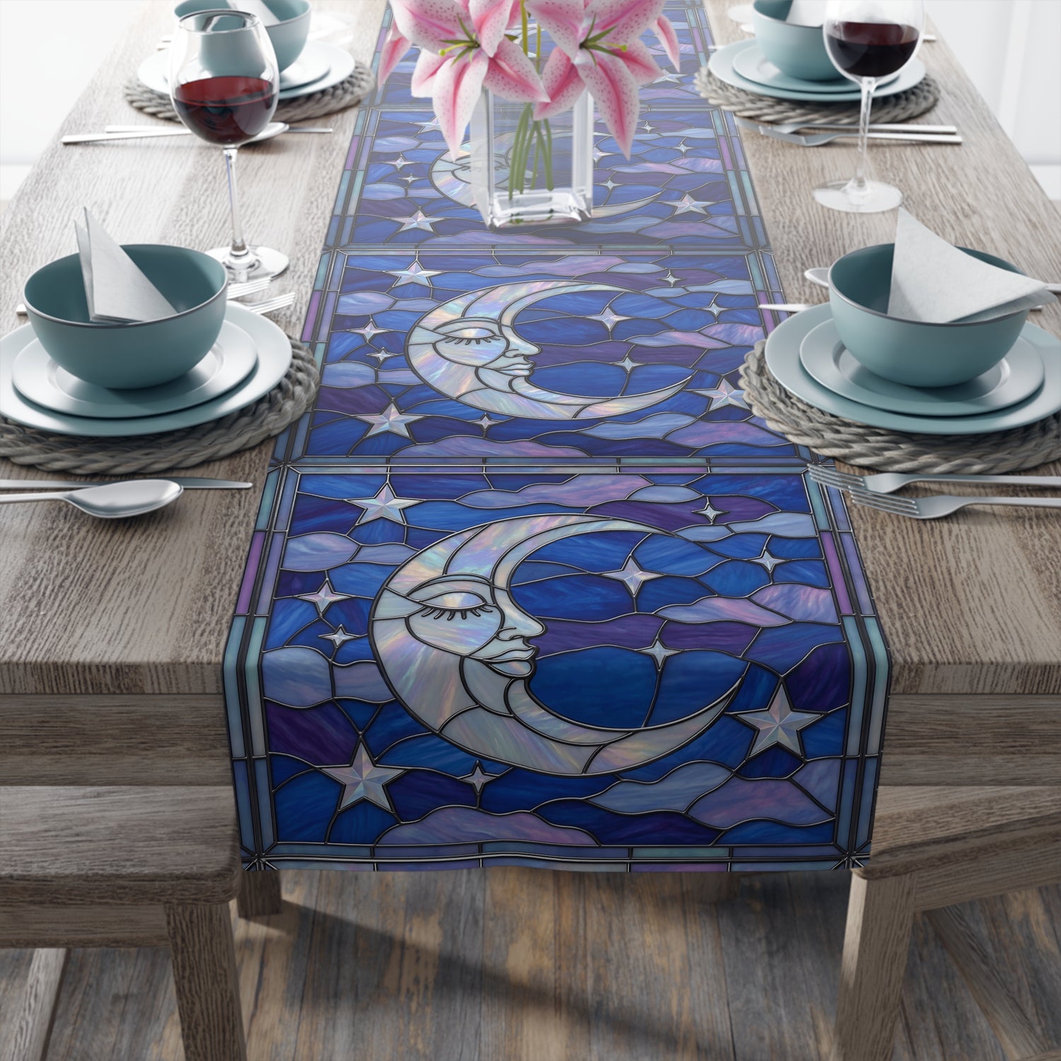 Halloween Stained Glass Style Night Sky Moon Stars Clouds Table Runner - Mid Century Modern Gal