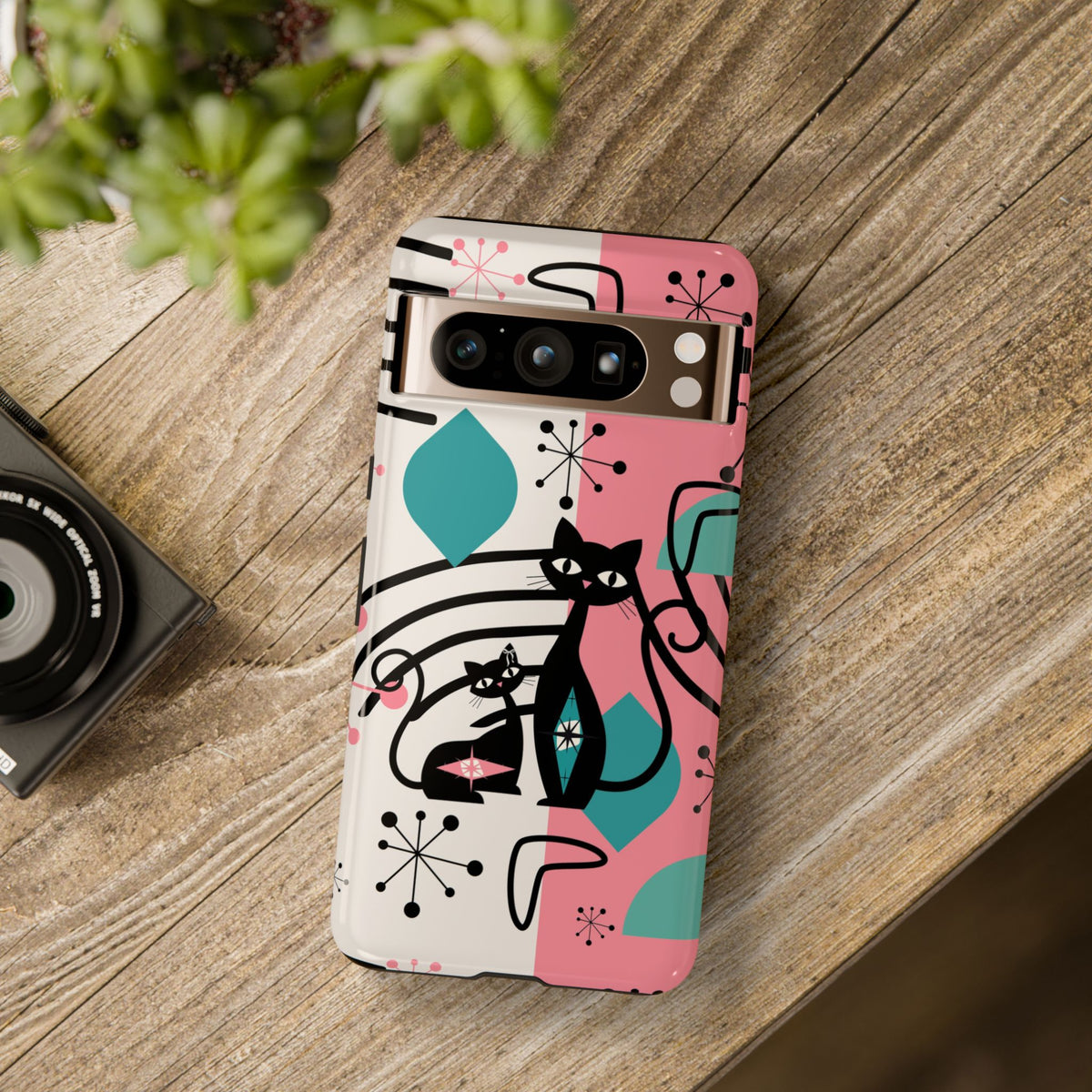 Mid Mod Atomic Cat Boomerang Starburst, Pink, Black Kitschy Stylish Cat Phone Case: Modern Design for Cat Lovers