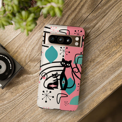 Mid Mod Atomic Cat Boomerang Starburst, Pink, Black Kitschy Stylish Cat Phone Case: Modern Design for Cat Lovers