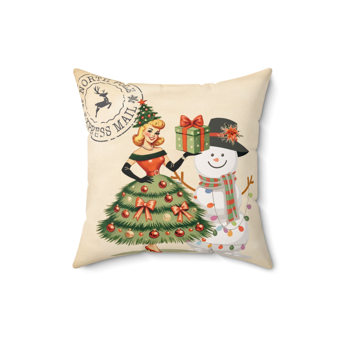 Vintage Christmas Pillow - Retro Santa with Snowman Design