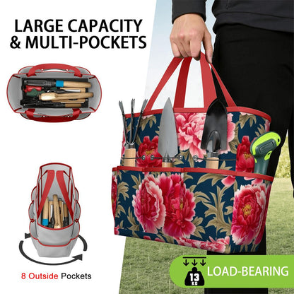 Modern Chinoiserie Royal Blue, Pink Red Floral Garden Tool Bag