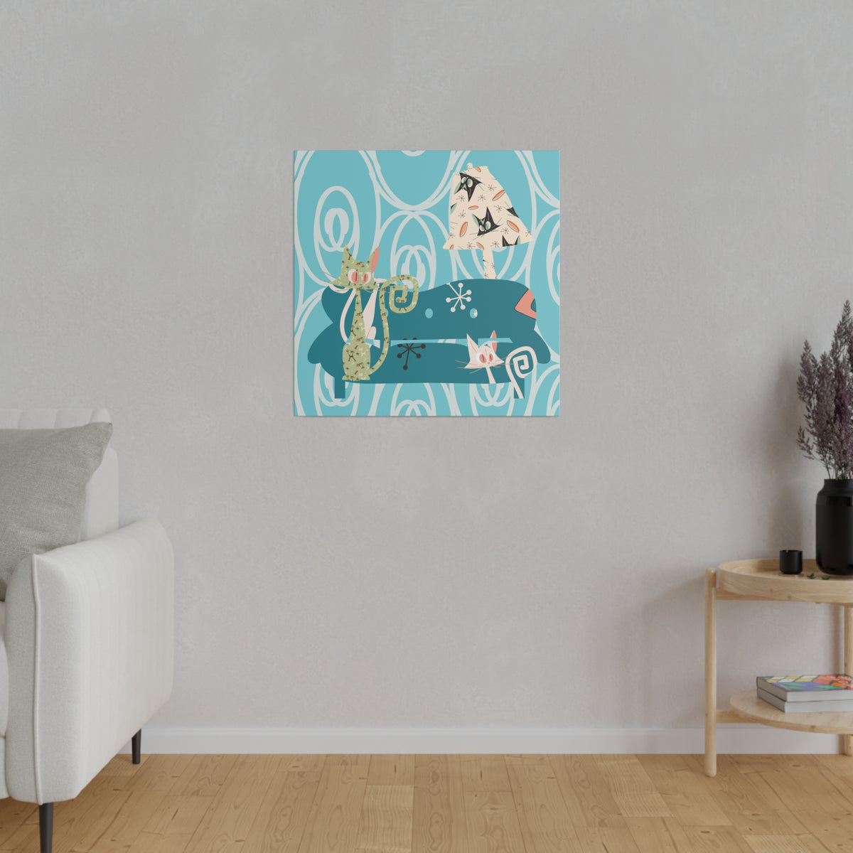Atomic Cat Art, Quirky Kitschy Blue, Green,  Teal Mid Century Modern Wall Art - Mid Century Modern Gal