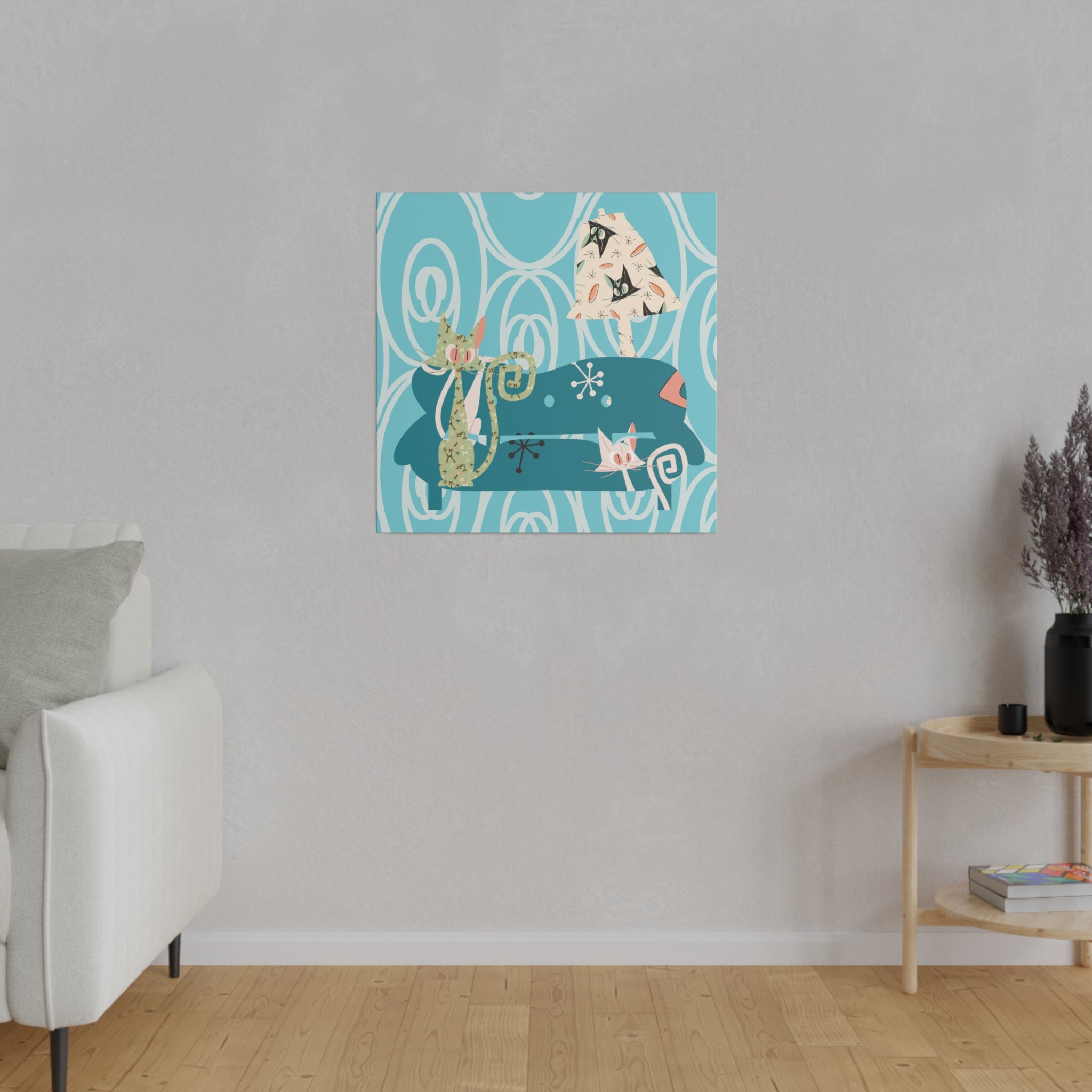 Atomic Cat Art, Quirky Kitschy Blue, Green,  Teal Mid Century Modern Wall Art