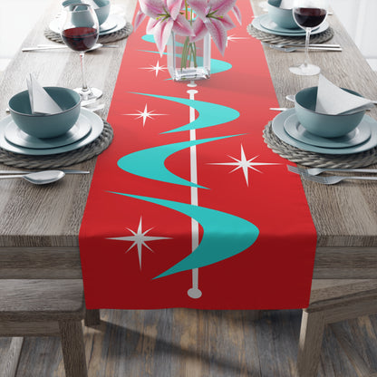Retro Christmas Red Atomic Boomerang Mid Century Modern Aqua Blue, White Star Burst Table Runner - Mid Century Modern Gal
