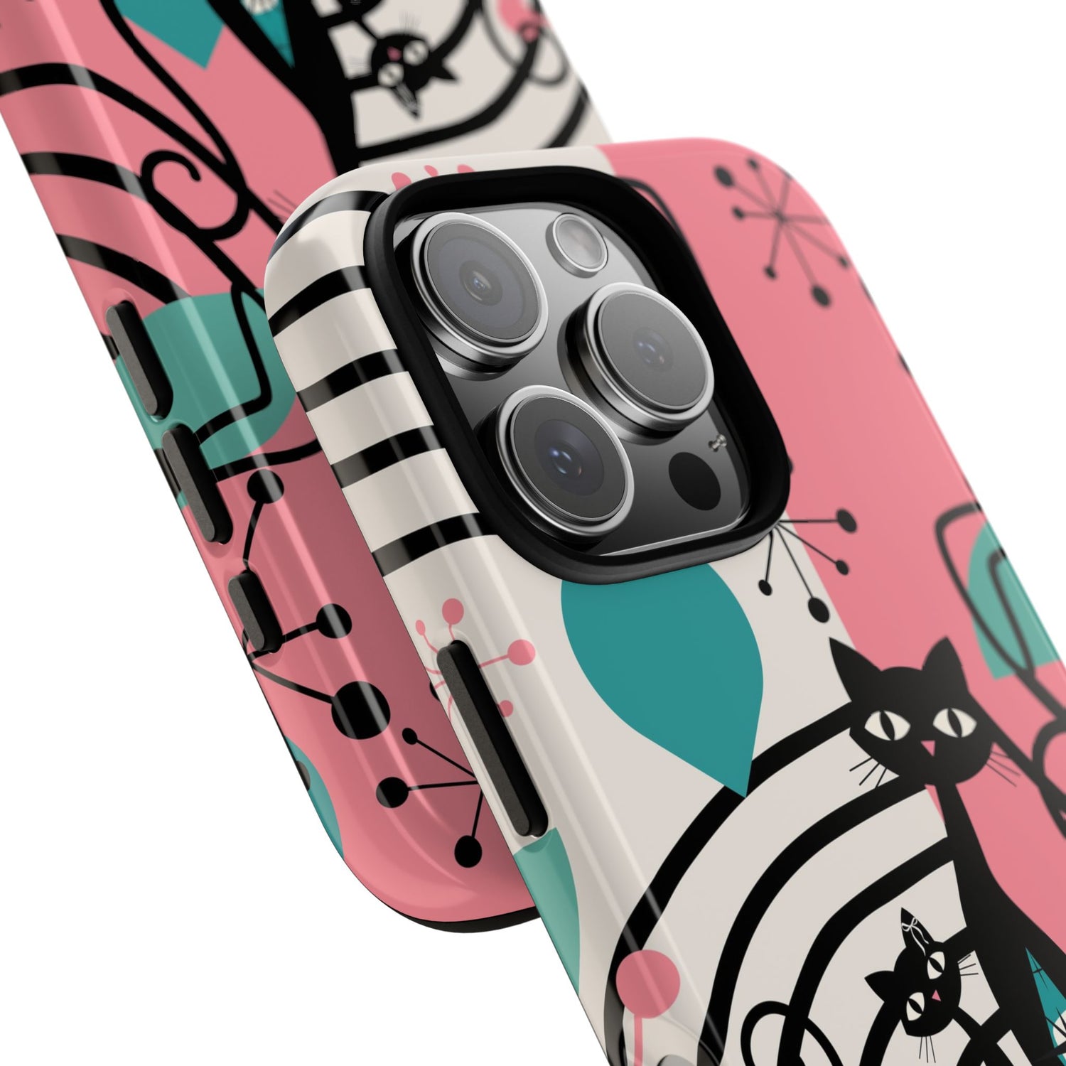 Mid Mod Atomic Cat Boomerang Starburst, Pink, Black Kitschy Stylish Cat Phone Case: Modern Design for Cat Lovers