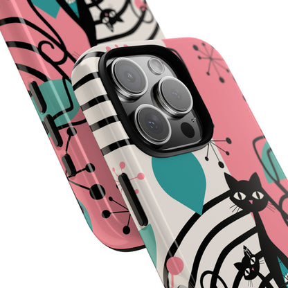 Mid Mod Atomic Cat Boomerang Starburst, Pink, Black Kitschy Stylish Cat Phone Case: Modern Design for Cat Lovers