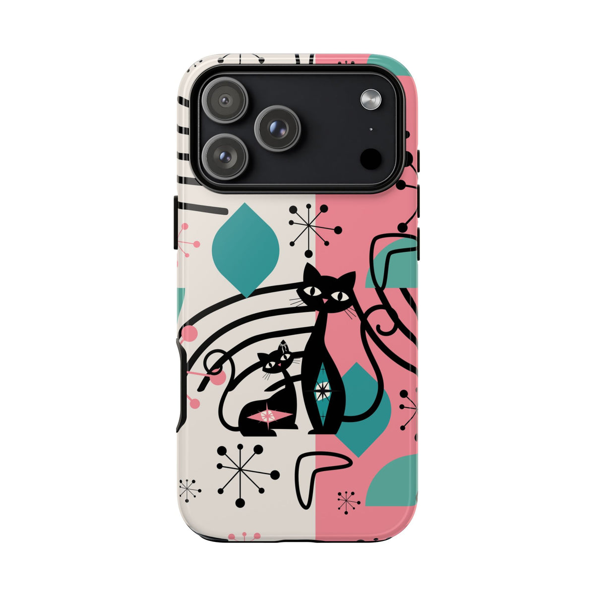 Mid Mod Atomic Cat Boomerang Starburst, Pink, Black Kitschy Stylish Cat Phone Case: Modern Design for Cat Lovers - Mid Century Modern Gal