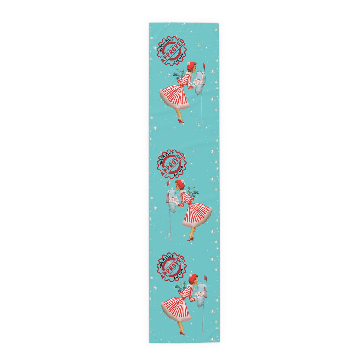 Whimsical 50s Retro Vintage Table Runner, Aqua Blue, North Pole Express, Vintage 50s Gal Holiday Christmas Table Linens - Mid Century Modern Gal
