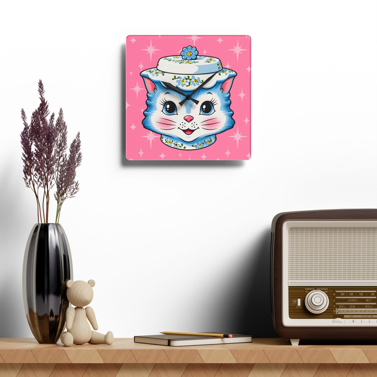 Mid Century Modern Kitschy Anthropomorphic Blue Cat with Floral Hat Acrylic Wall Clock